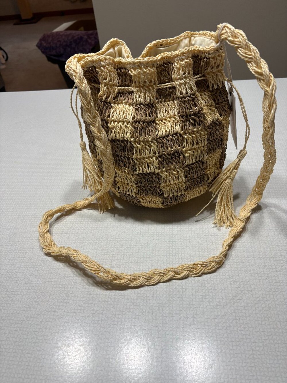 NWT lu & elle Cream & Brown Raffia Crossbody